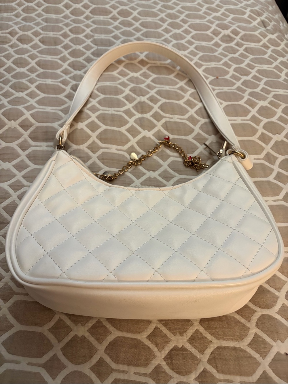 White Quilted Shoulder Bag with Gold Chain Accent